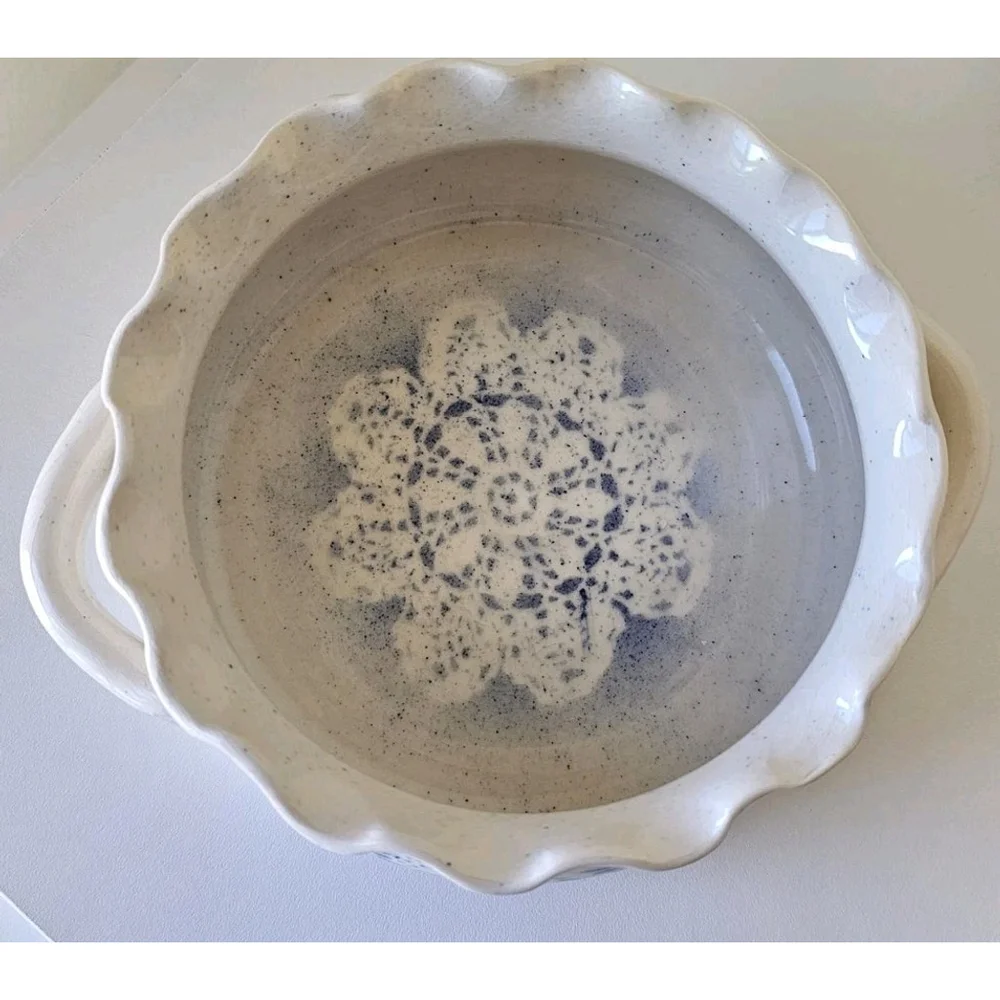 Ruffle Edge Artisan Ceramic Dish With Doily Impression Blue and White Design